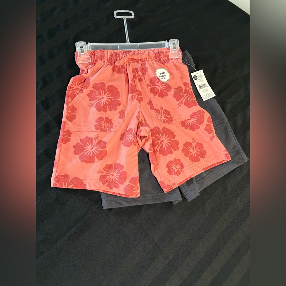 Kids 7-8 Coral floral + Grey drawstring elastic Waist Summer Shorts beach comfy